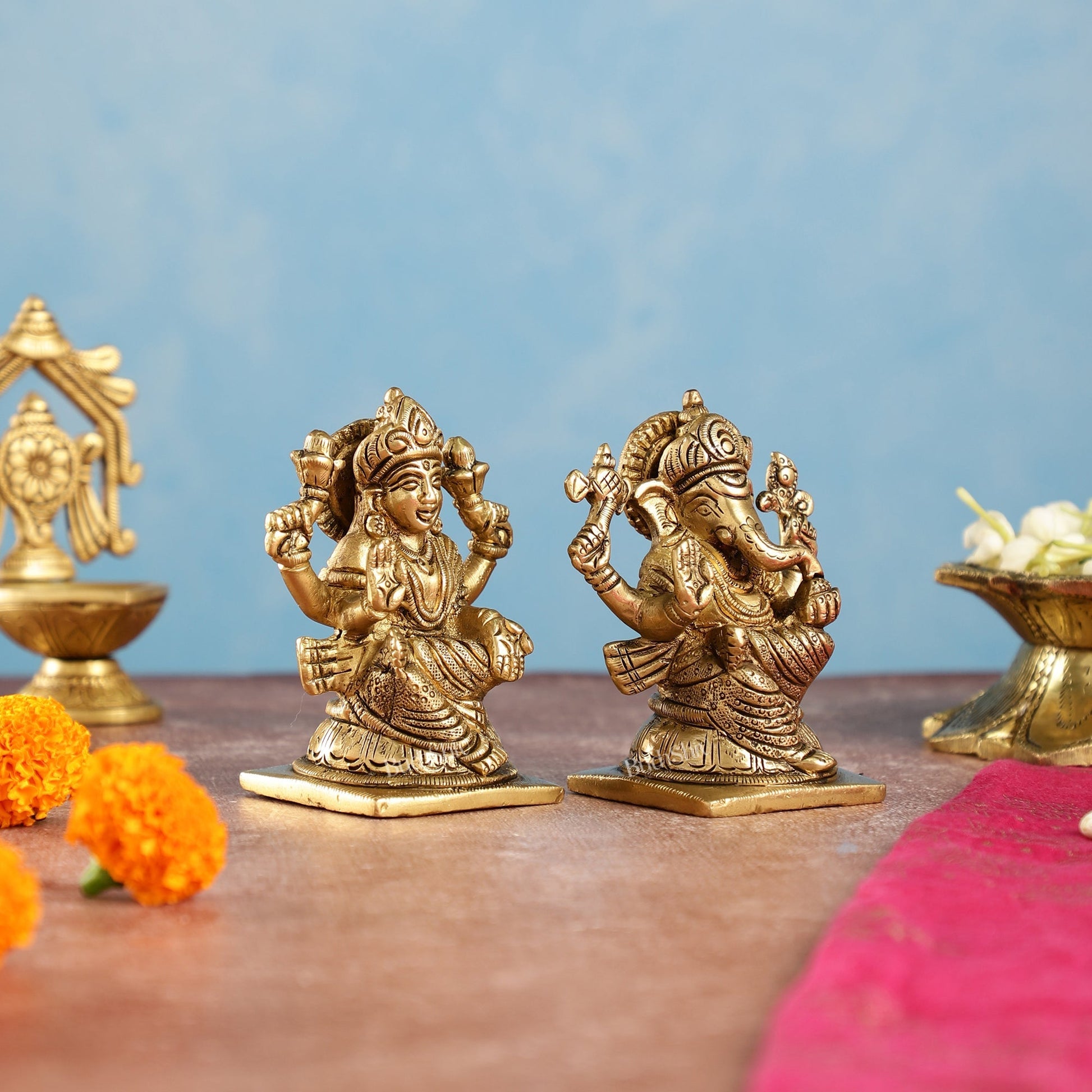 Brass Ganesha and Lakshmi Idols Pair | Height 4 inch