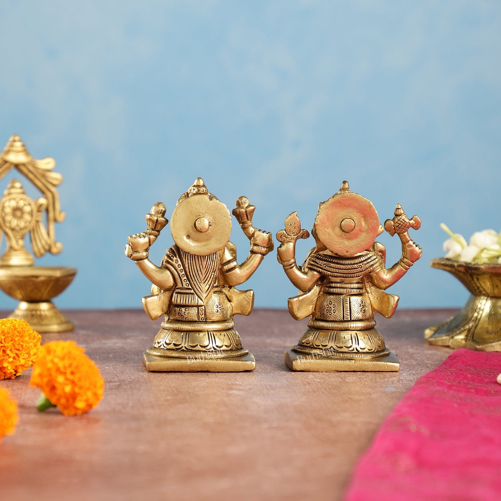 Brass Ganesha and Lakshmi Idols Pair | Height 4 inch