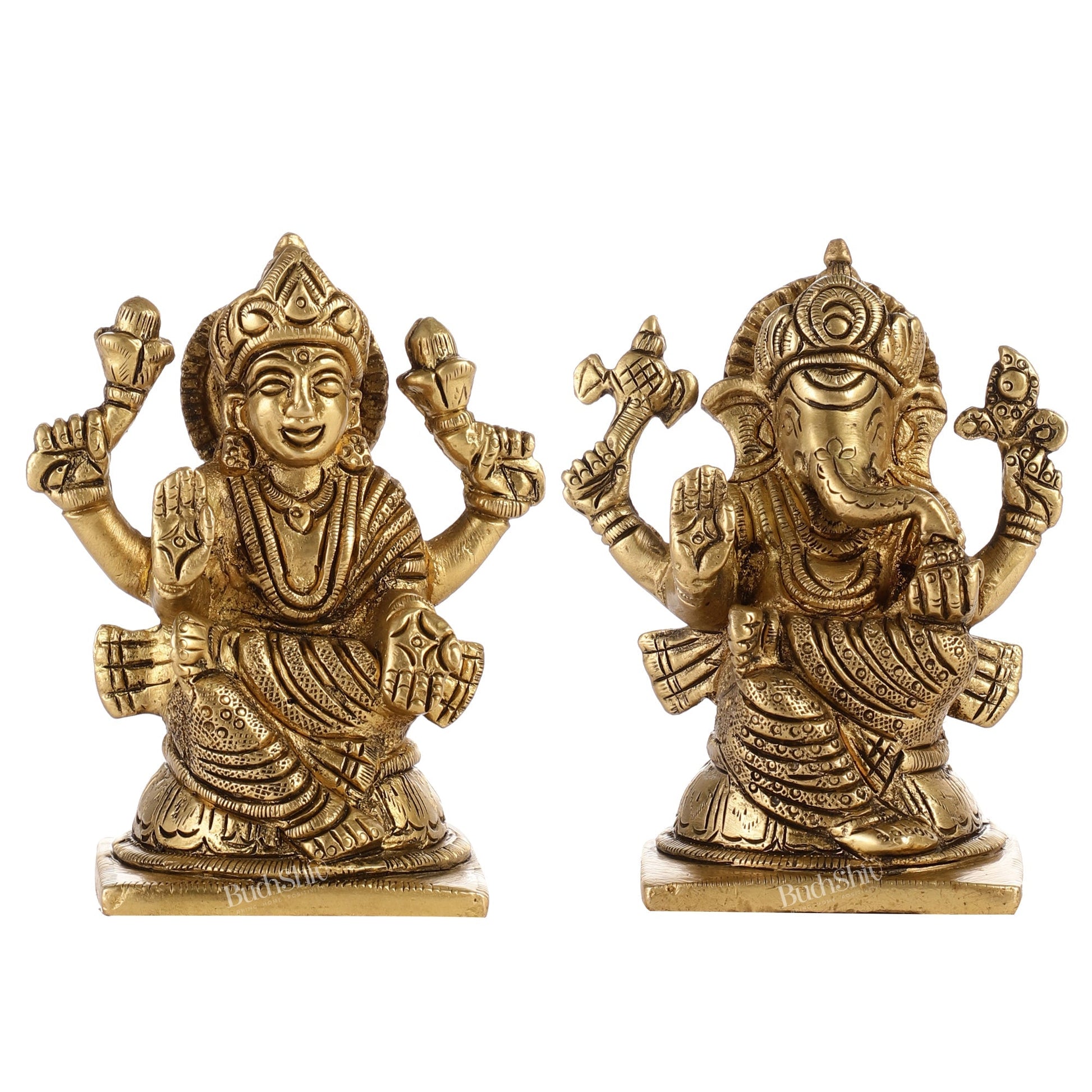 Brass Ganesha and Lakshmi Idols Pair | Height 4 inch