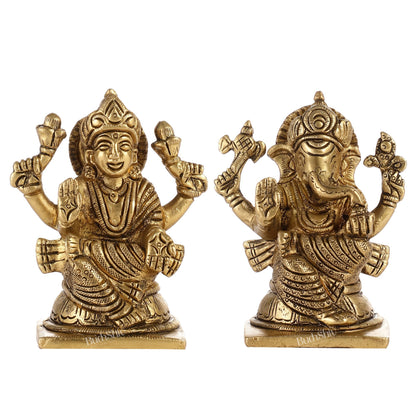 Brass Ganesha and Lakshmi Idols Pair | Height 4 inch