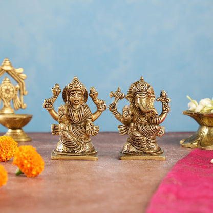 Brass Ganesha and Lakshmi Idols Pair | Height 4 inch