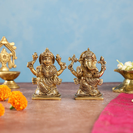 Brass Ganesha and Lakshmi Idols Pair | Height 4 inch