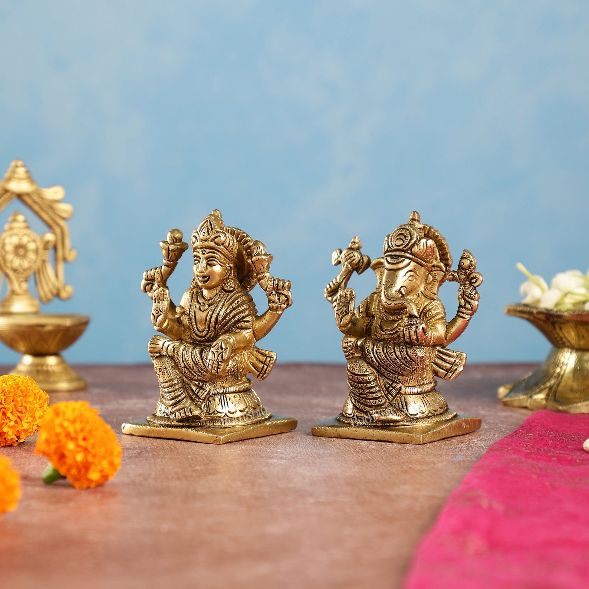 Brass Ganesha and Lakshmi Idols Pair | Height 4 inch