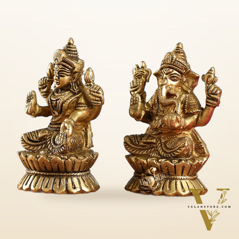 Brass Ganesha and Lakshmi Idols Pair | Height 4.5 inch