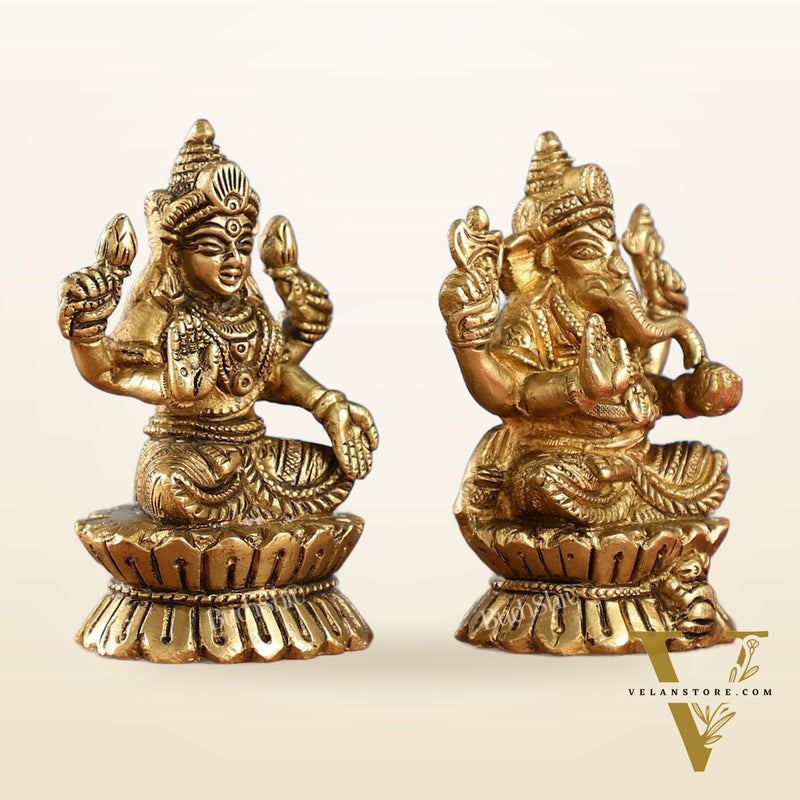 Brass Ganesha and Lakshmi Idols Pair | Height 4.5 inch
