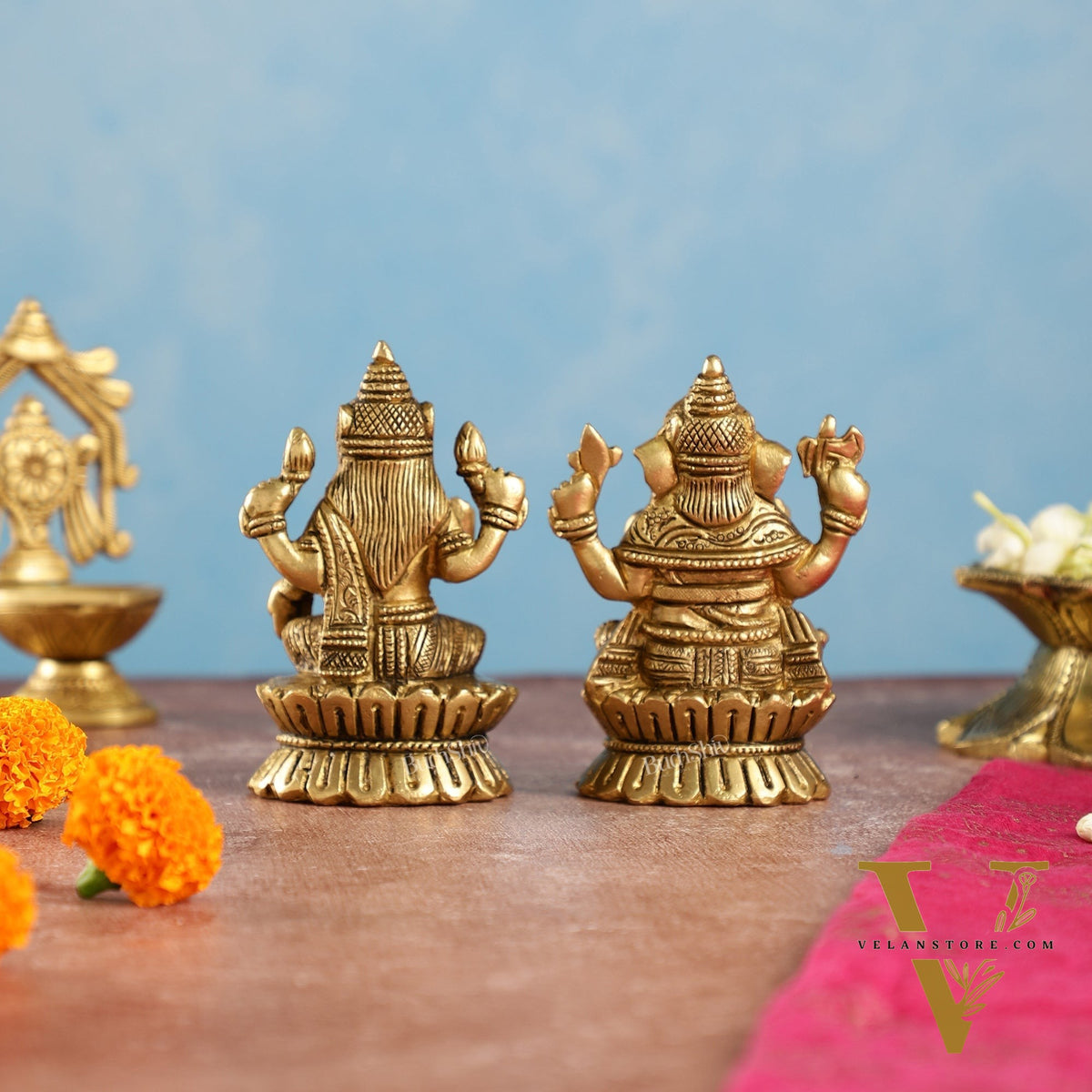 Brass Ganesha and Lakshmi Idols Pair | Height 4.5 inch