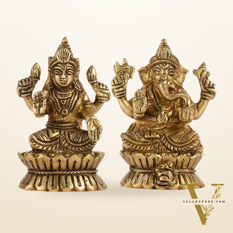 Brass Ganesha and Lakshmi Idols Pair | Height 4.5 inch