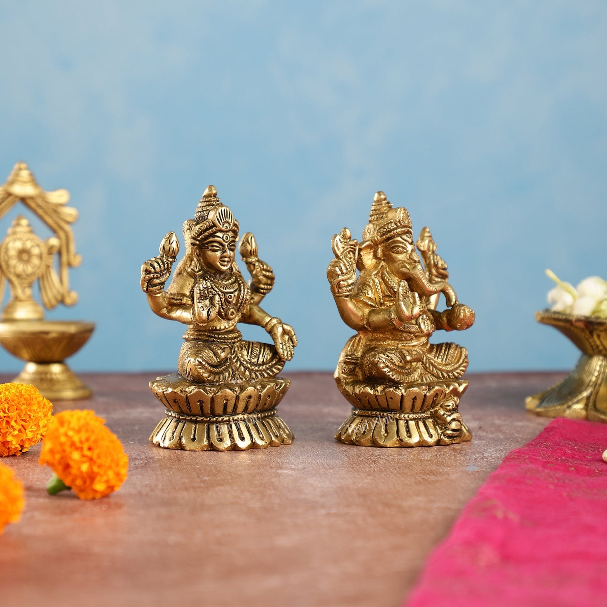 Brass Ganesha and Lakshmi Idols Pair | Height 4.5 inch