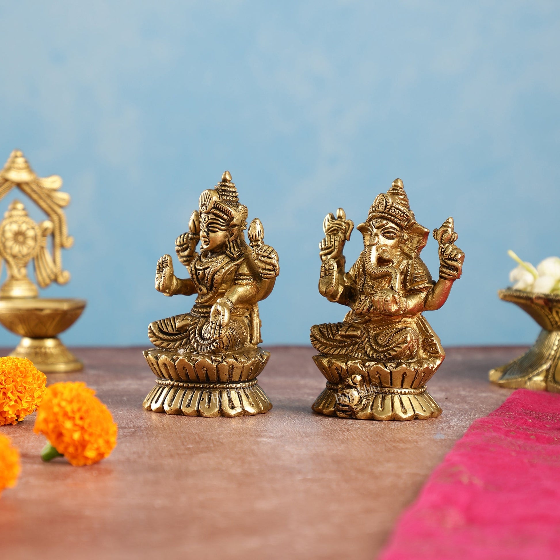Brass Ganesha and Lakshmi Idols Pair | Height 4.5 inch