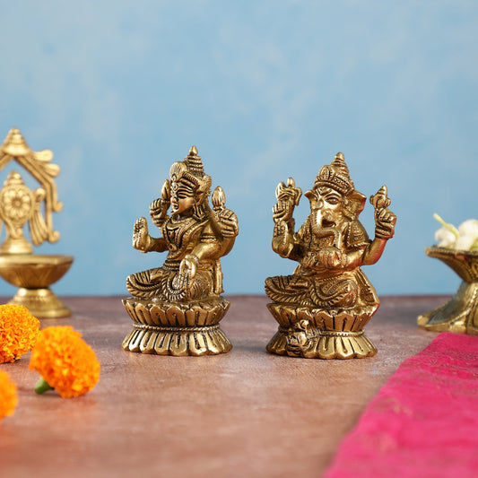 Brass Ganesha and Lakshmi Idols Pair | Height 4.5 inch