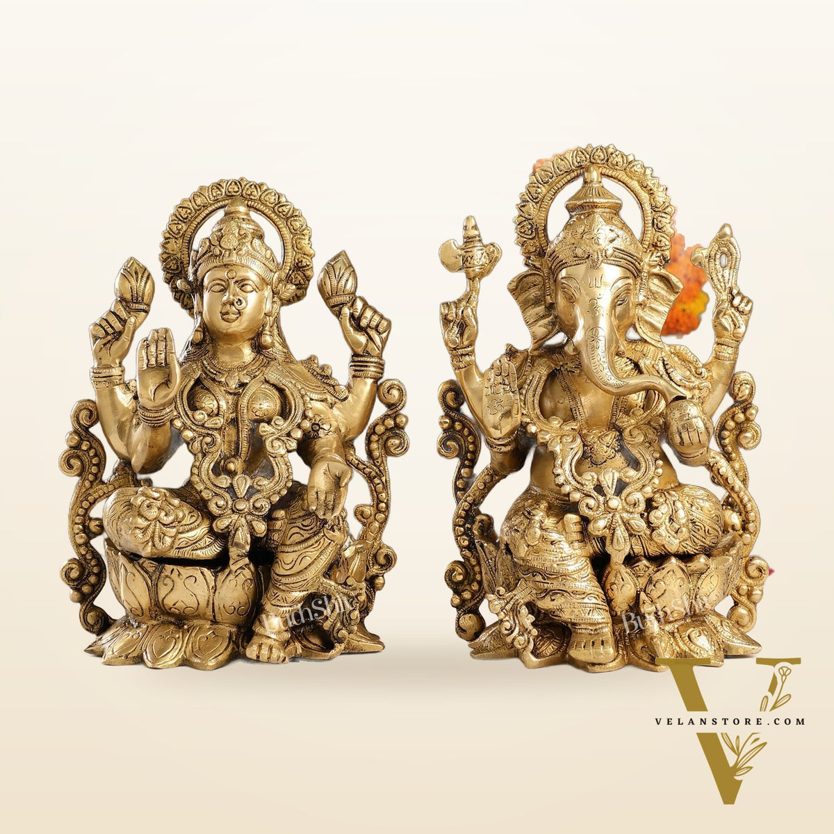 Brass Ganesha and Lakshmi Pair on Lotus | 12" Height | Divine Harmony