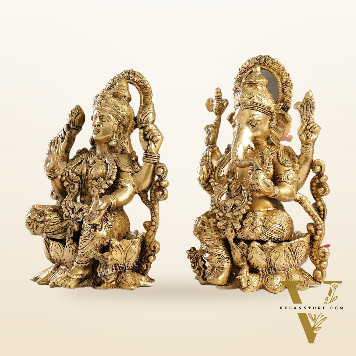 Brass Ganesha and Lakshmi Pair on Lotus | 12" Height | Divine Harmony