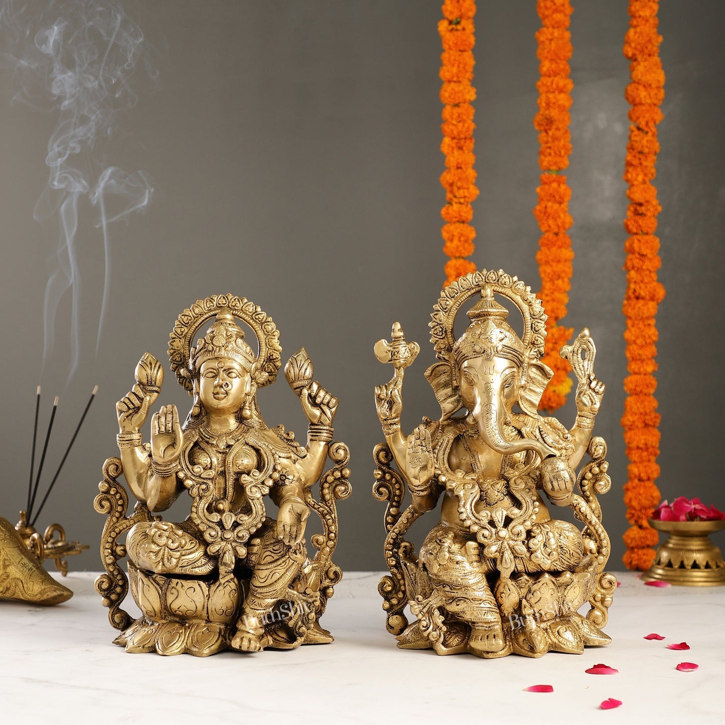 Brass Ganesha and Lakshmi Pair on Lotus | 12" Height | Divine Harmony