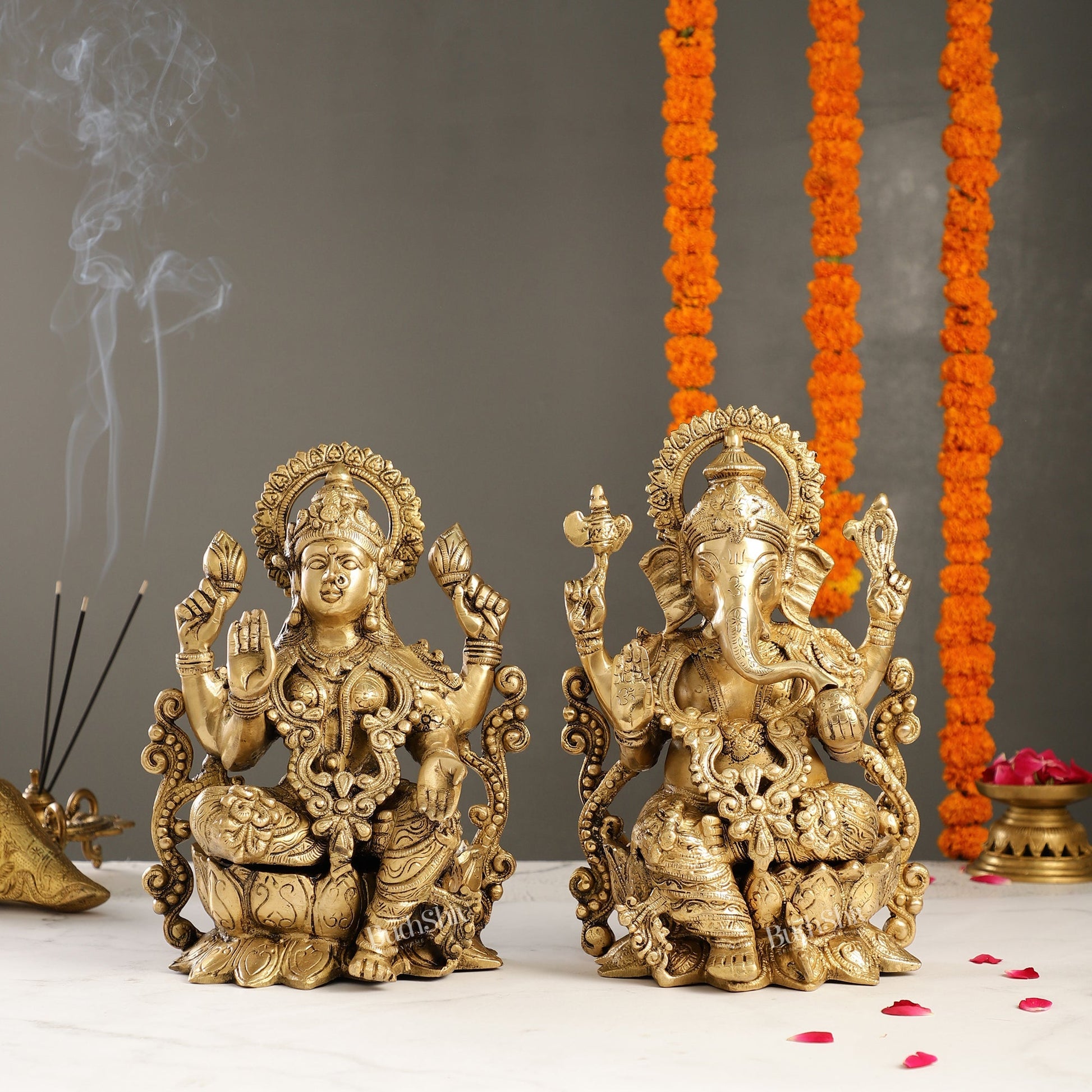 Brass Ganesha and Lakshmi Pair on Lotus | 12" Height | Divine Harmony