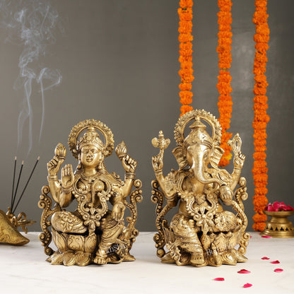 Brass Ganesha and Lakshmi Pair on Lotus | 12" Height | Divine Harmony
