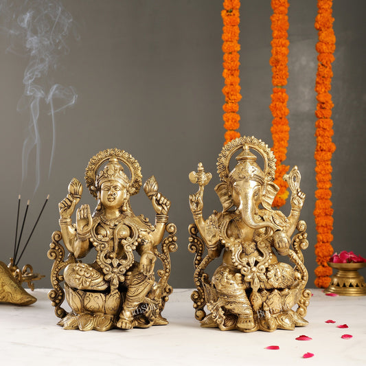 Brass Ganesha and Lakshmi Pair on Lotus | 12" Height | Divine Harmony