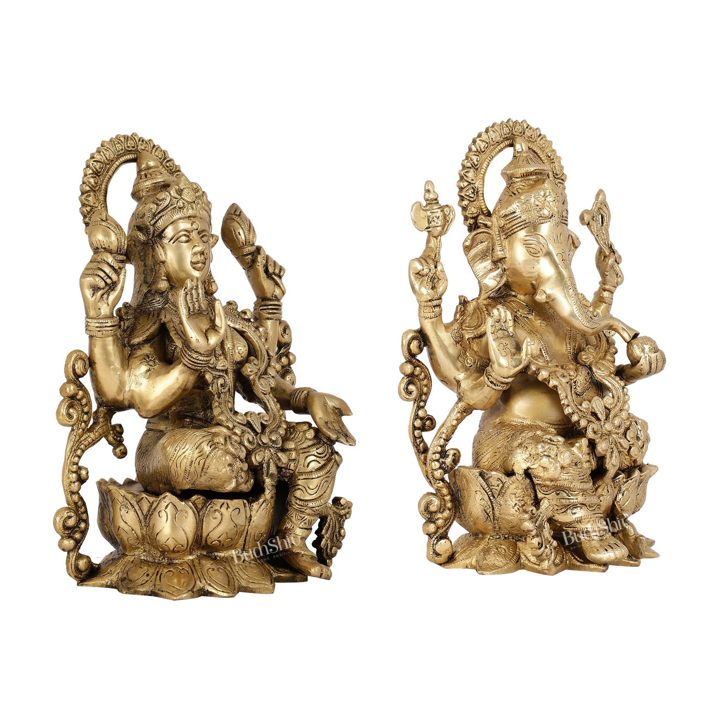 Brass Ganesha and Lakshmi Pair on Lotus | 12" Height | Divine Harmony