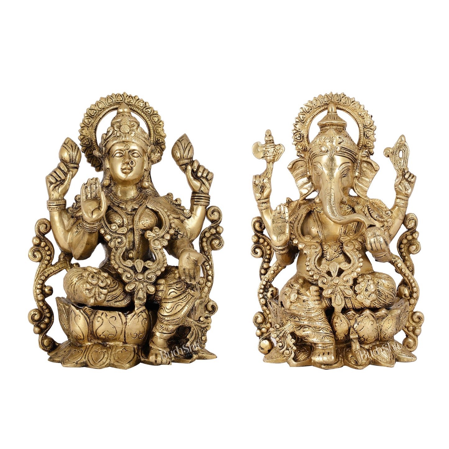 Brass Ganesha and Lakshmi Pair on Lotus | 12" Height | Divine Harmony