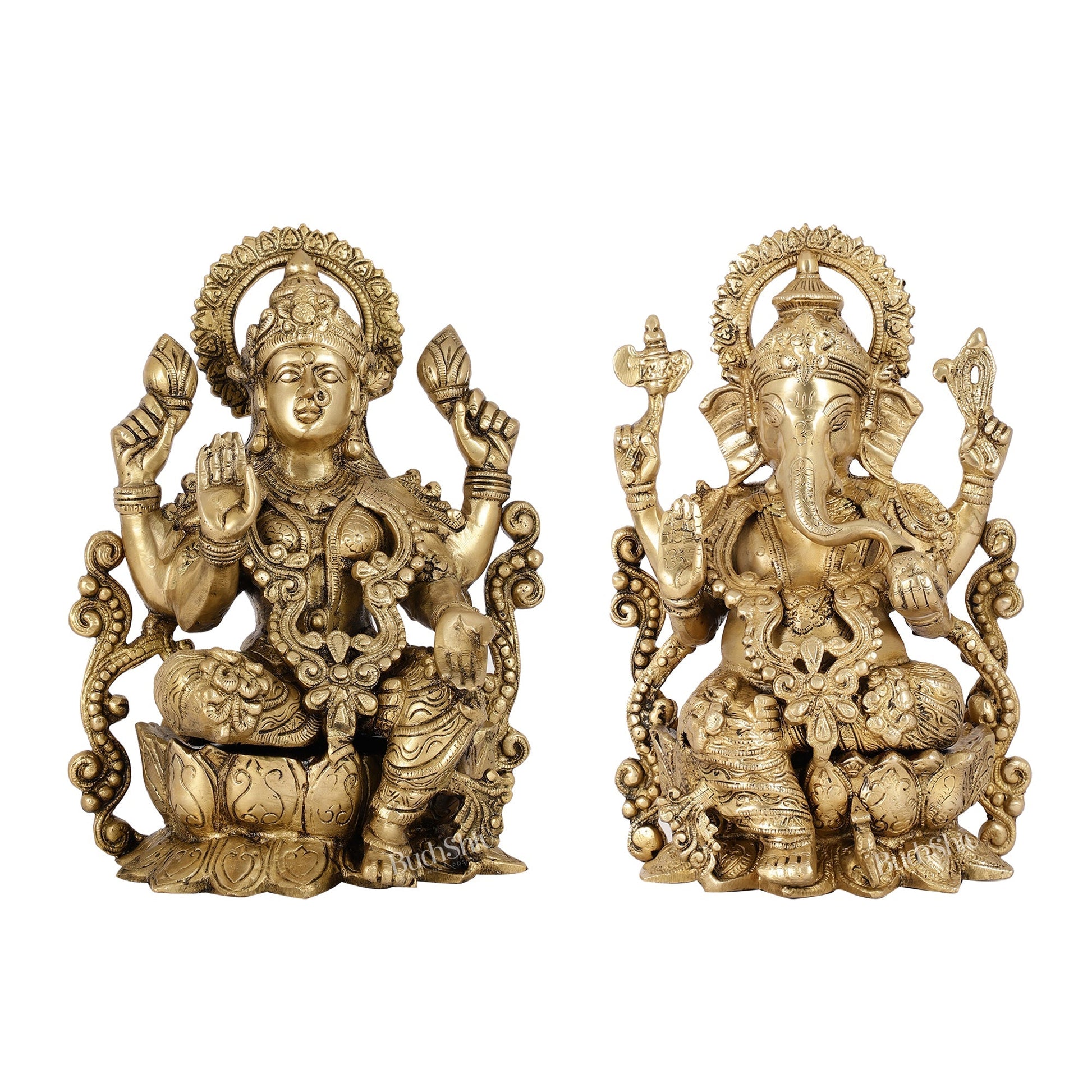Brass Ganesha and Lakshmi Pair on Lotus | 12" Height | Divine Harmony