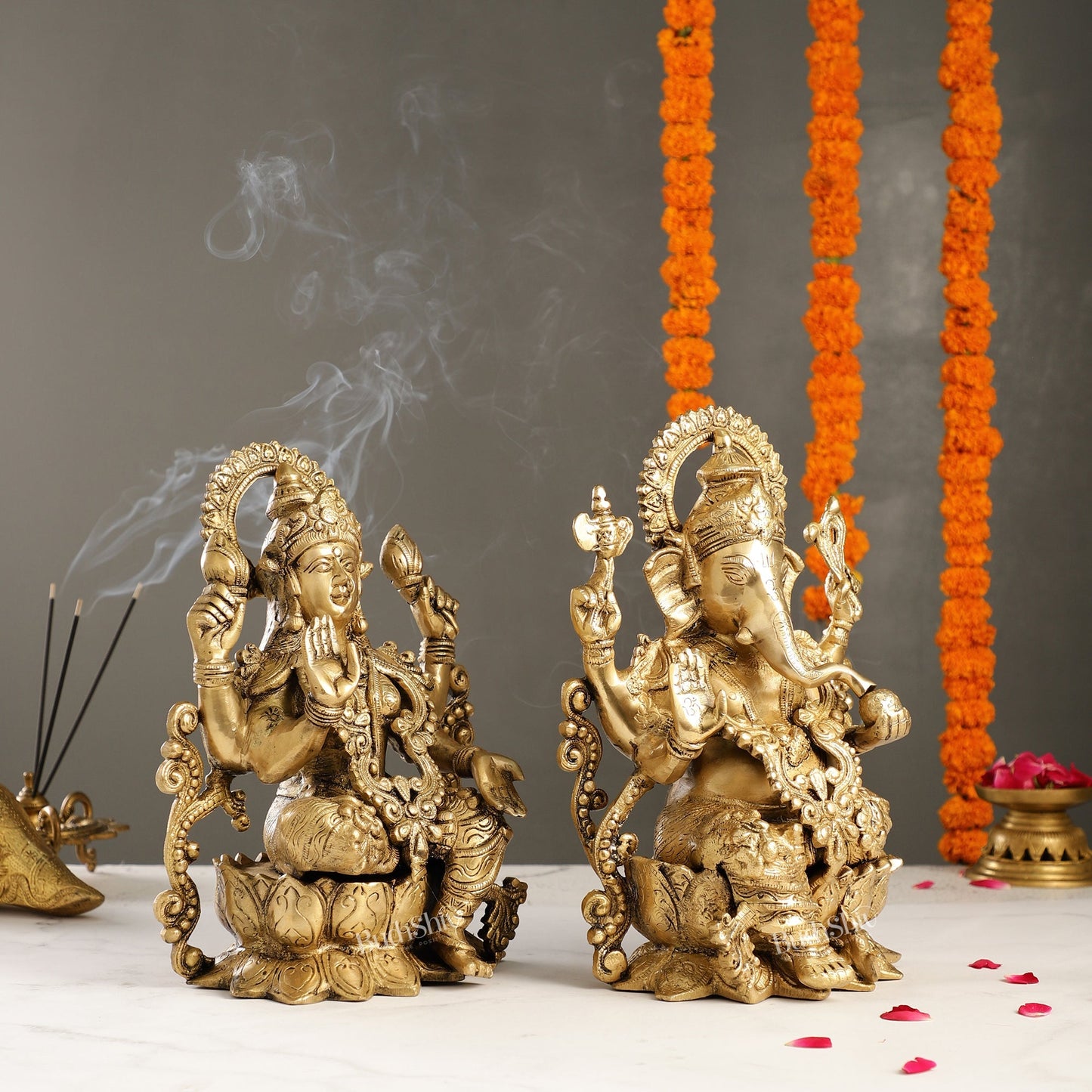 Brass Ganesha and Lakshmi Pair on Lotus | 12" Height | Divine Harmony