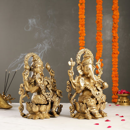 Brass Ganesha and Lakshmi Pair on Lotus | 12" Height | Divine Harmony