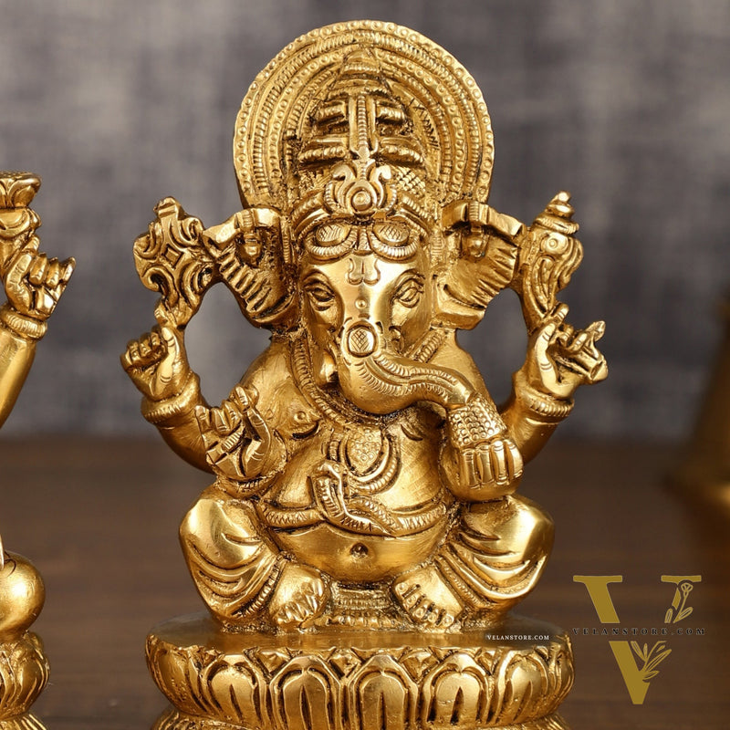 Brass Ganesha and Lakshmi Statues | 6 Inch