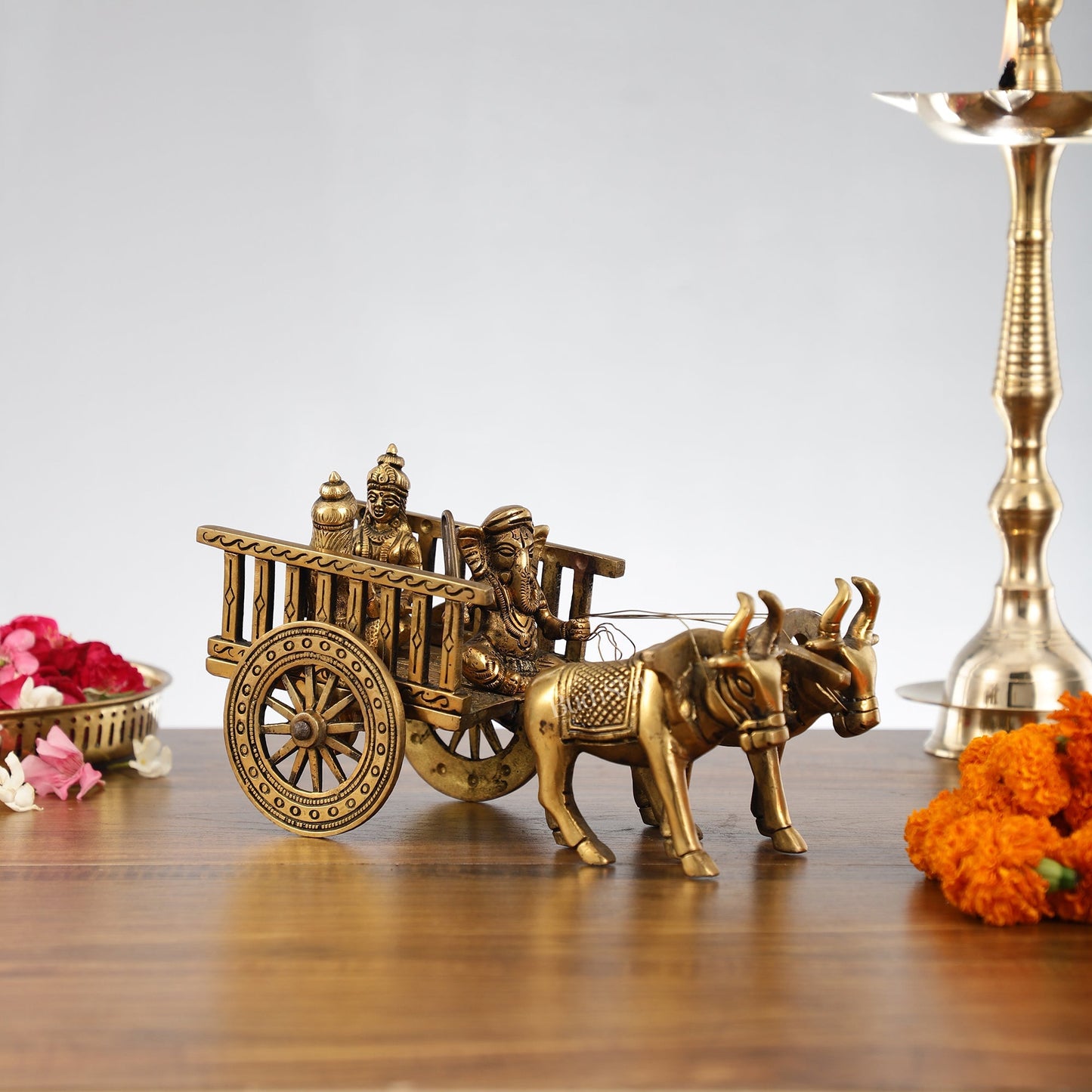 Brass Ganesha bullock cart with riddhi siddhi