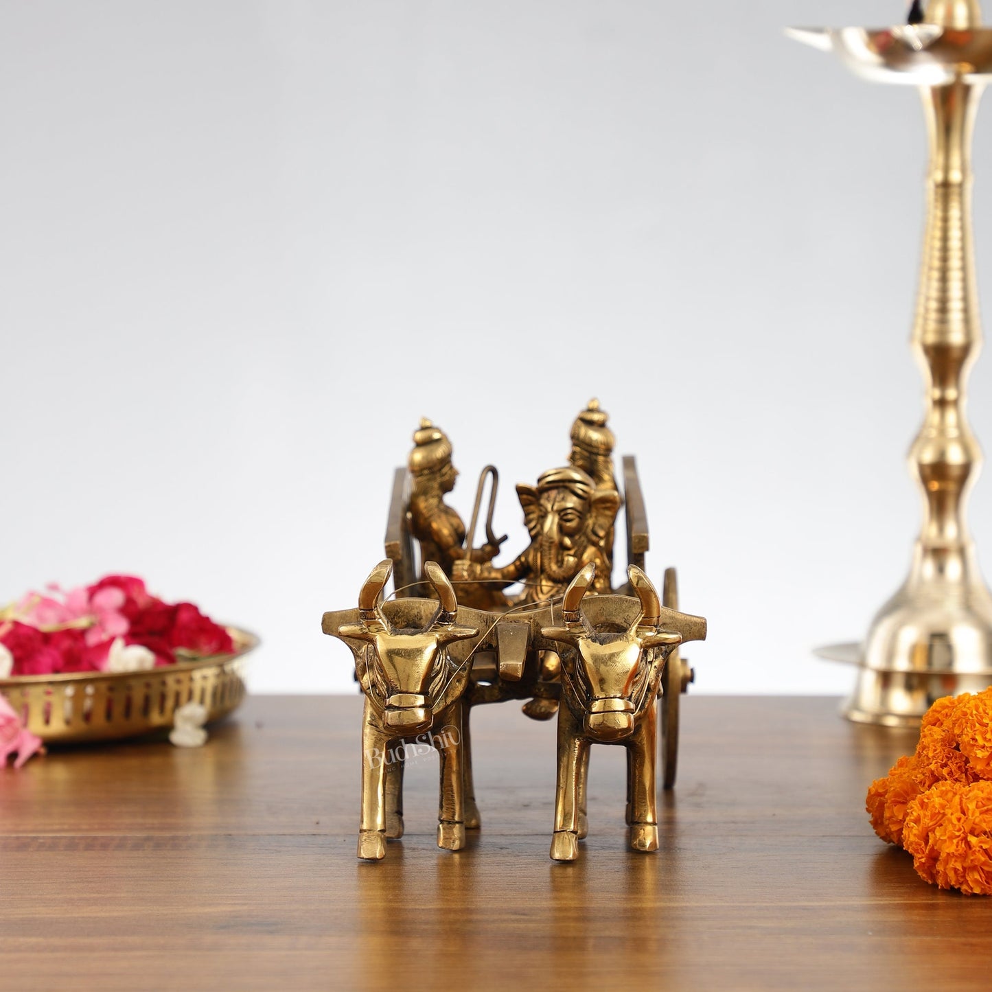 Brass Ganesha bullock cart with riddhi siddhi