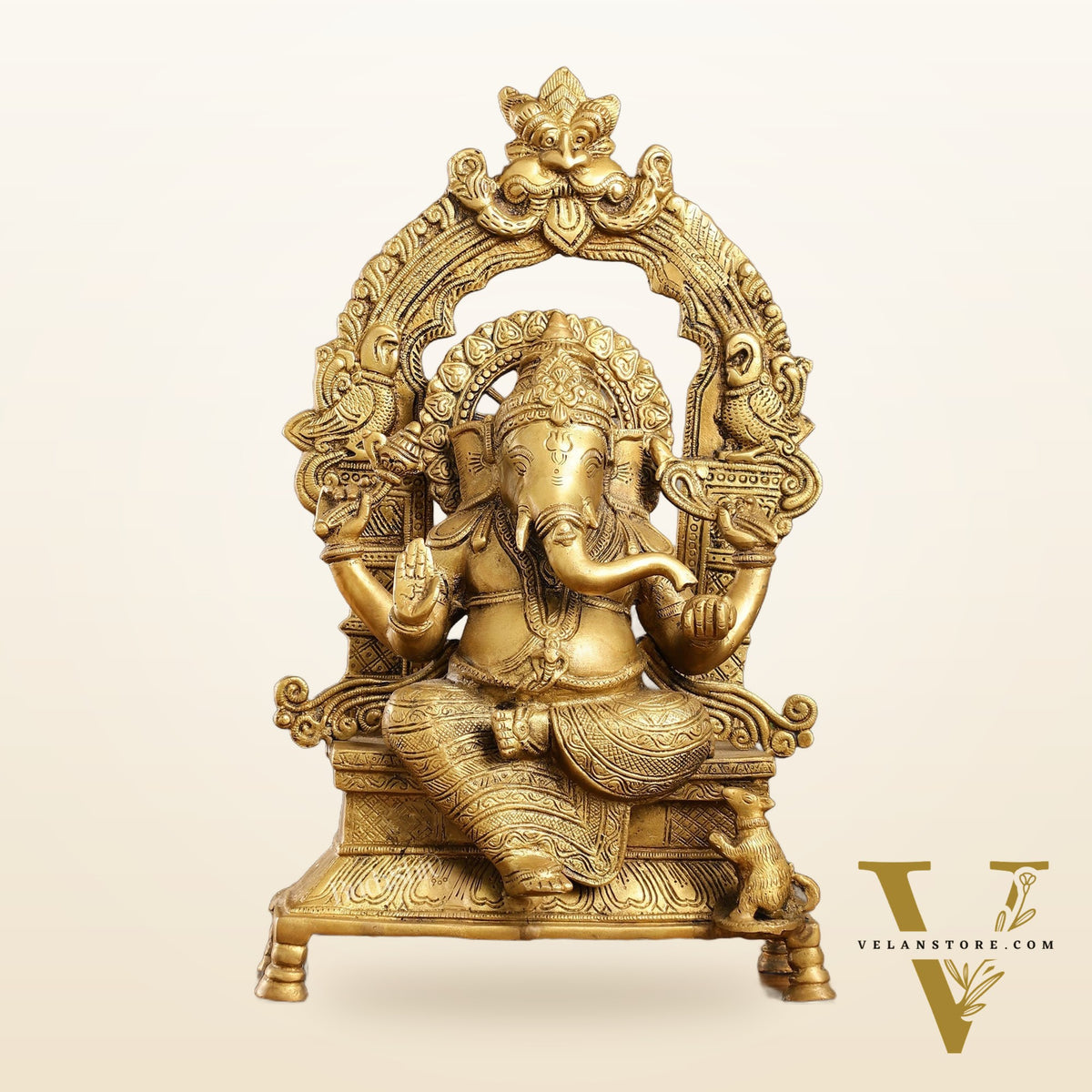 Brass Ganesha Charbhuja Statue - Seated on Throne, 18" antique