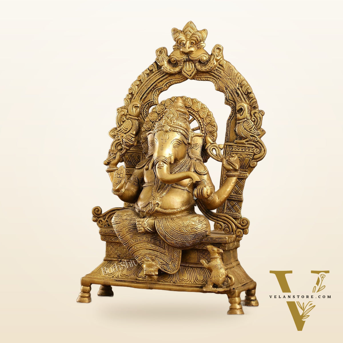 Brass Ganesha Charbhuja Statue - Seated on Throne, 18" antique