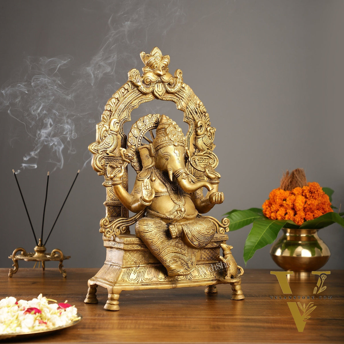 Brass Ganesha Charbhuja Statue - Seated on Throne, 18" antique
