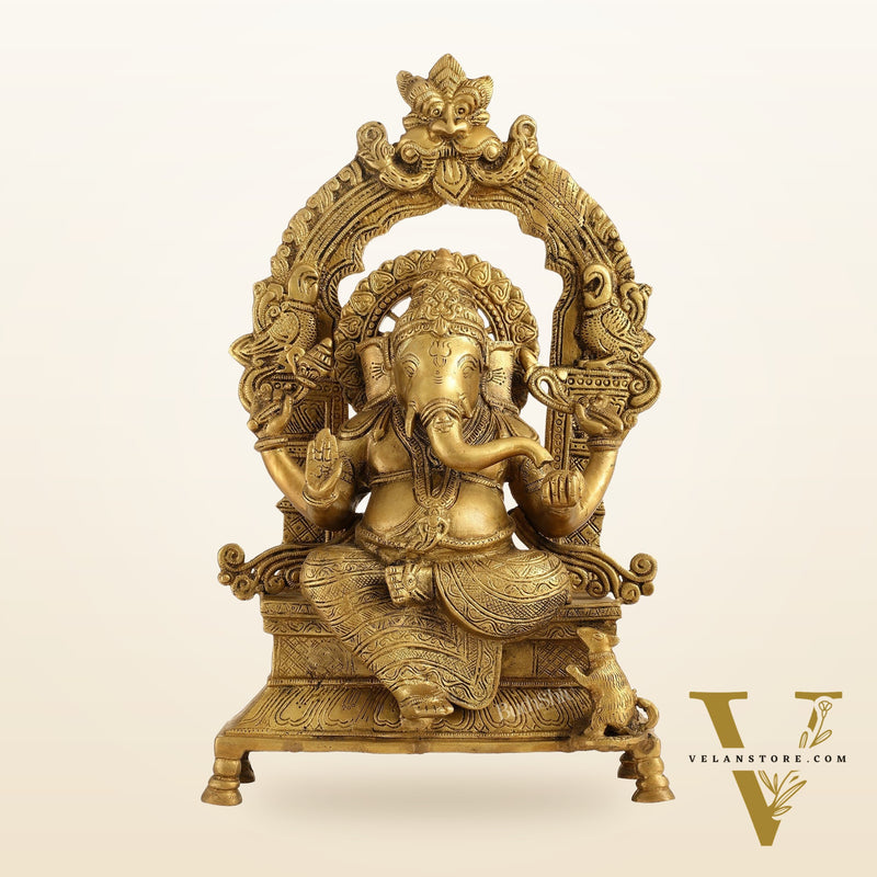 Brass Ganesha Charbhuja Statue - Seated on Throne, 18" antique