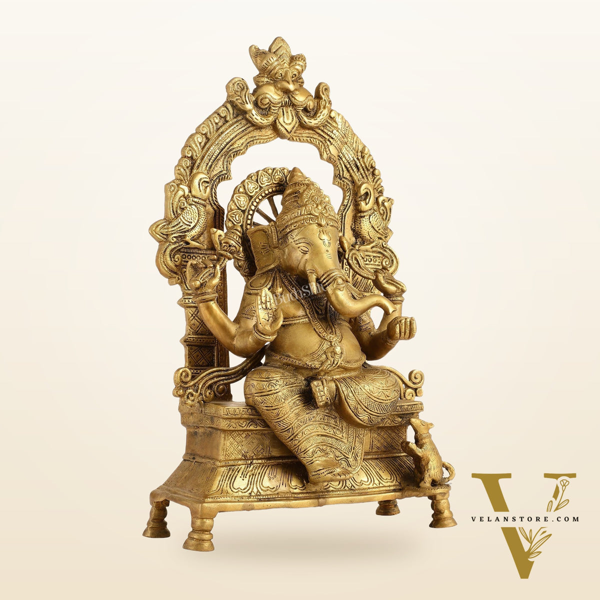 Brass Ganesha Charbhuja Statue - Seated on Throne, 18" antique