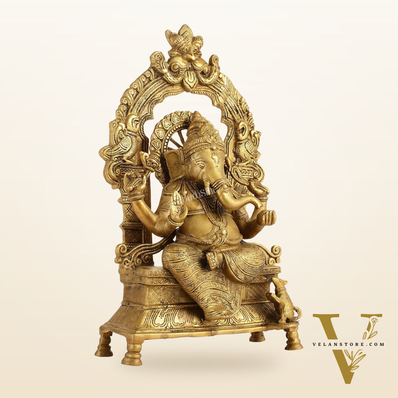 Brass Ganesha Charbhuja Statue - Seated on Throne, 18" antique