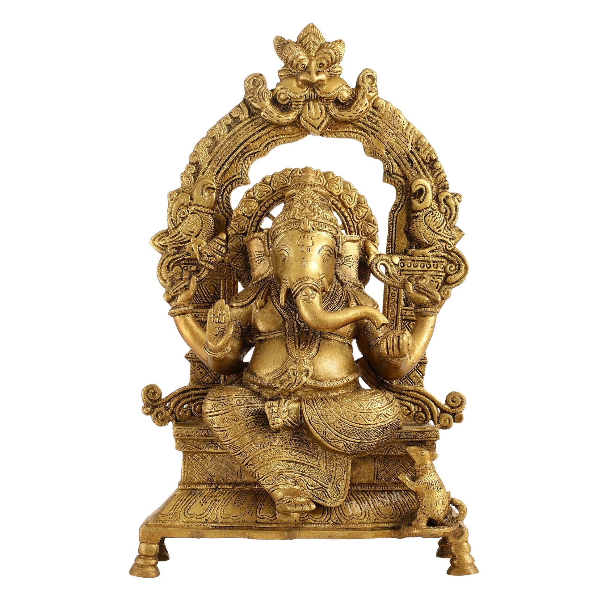 Brass Ganesha Charbhuja Statue - Seated on Throne, 18" antique