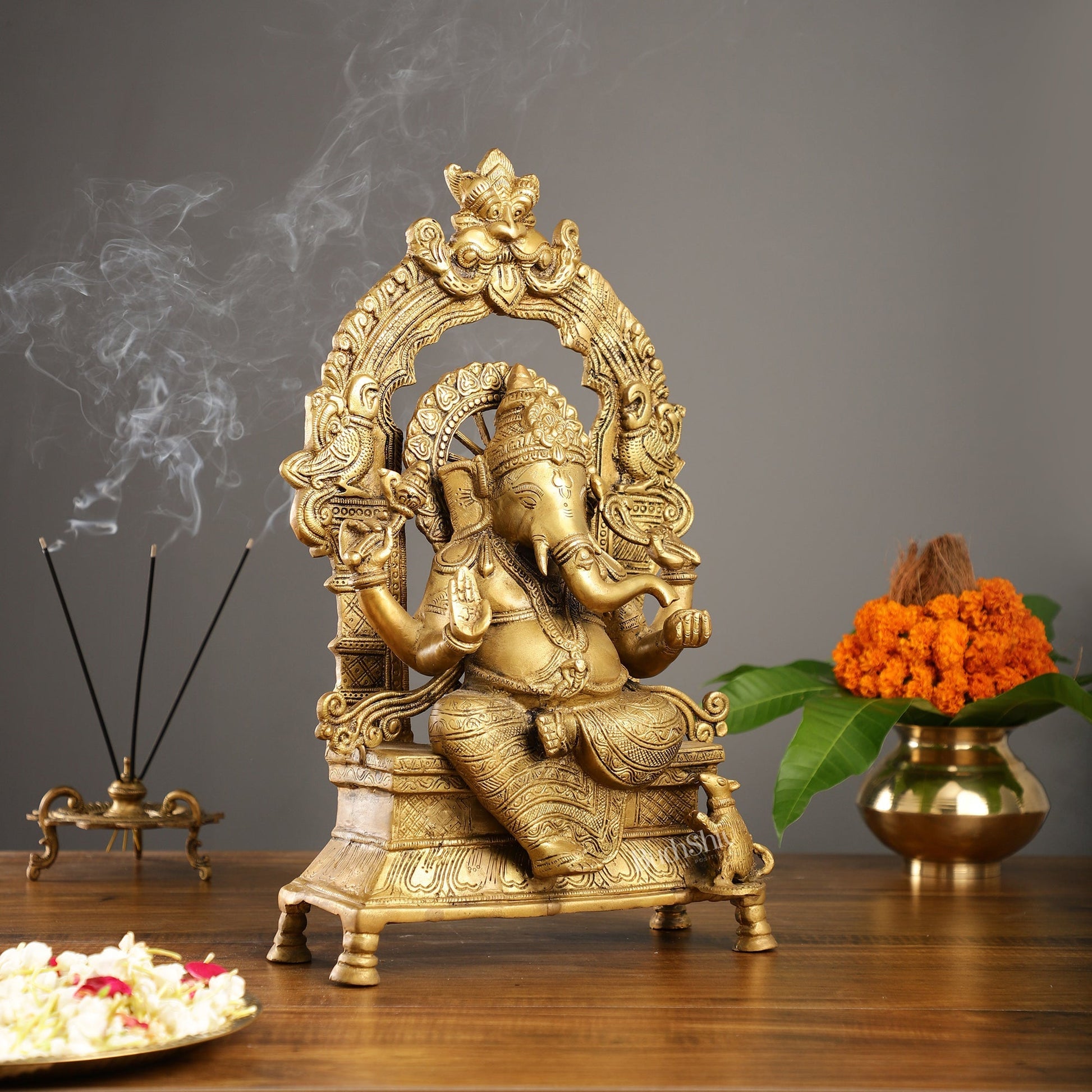 Brass Ganesha Charbhuja Statue - Seated on Throne, 18" antique