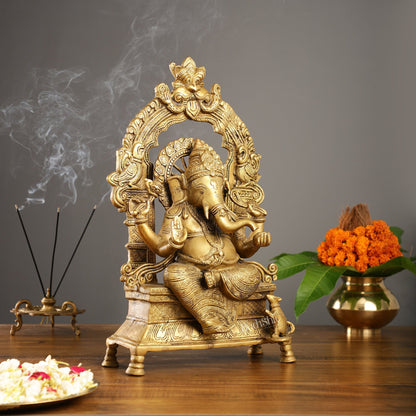 Brass Ganesha Charbhuja Statue - Seated on Throne, 18" antique