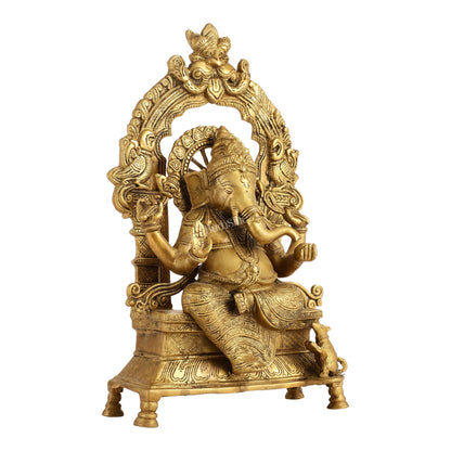 Brass Ganesha Charbhuja Statue - Seated on Throne, 18" antique