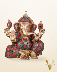 Brass ganesha Chubby Idol floral stonework 13 inch