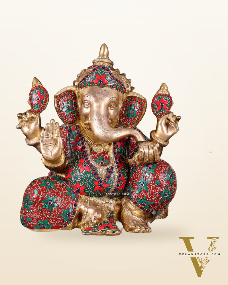 Brass ganesha Chubby Idol floral stonework 13 inch