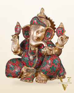 Brass ganesha Chubby Idol floral stonework 13 inch