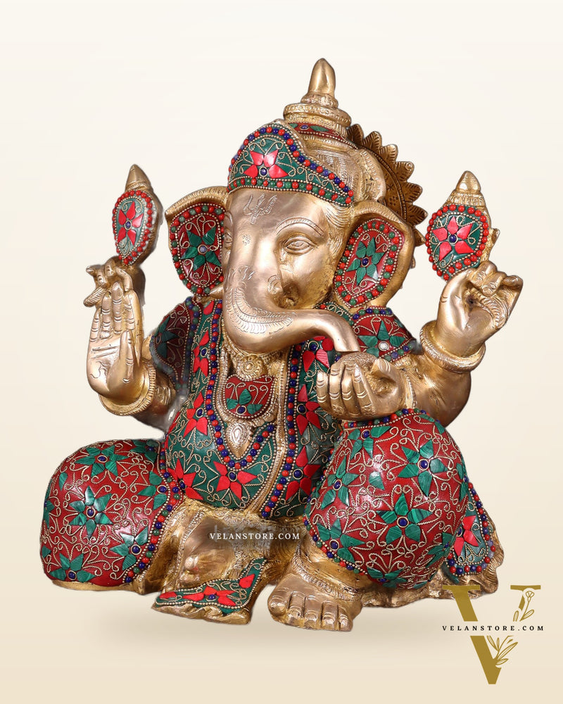 Brass ganesha Chubby Idol floral stonework 13 inch