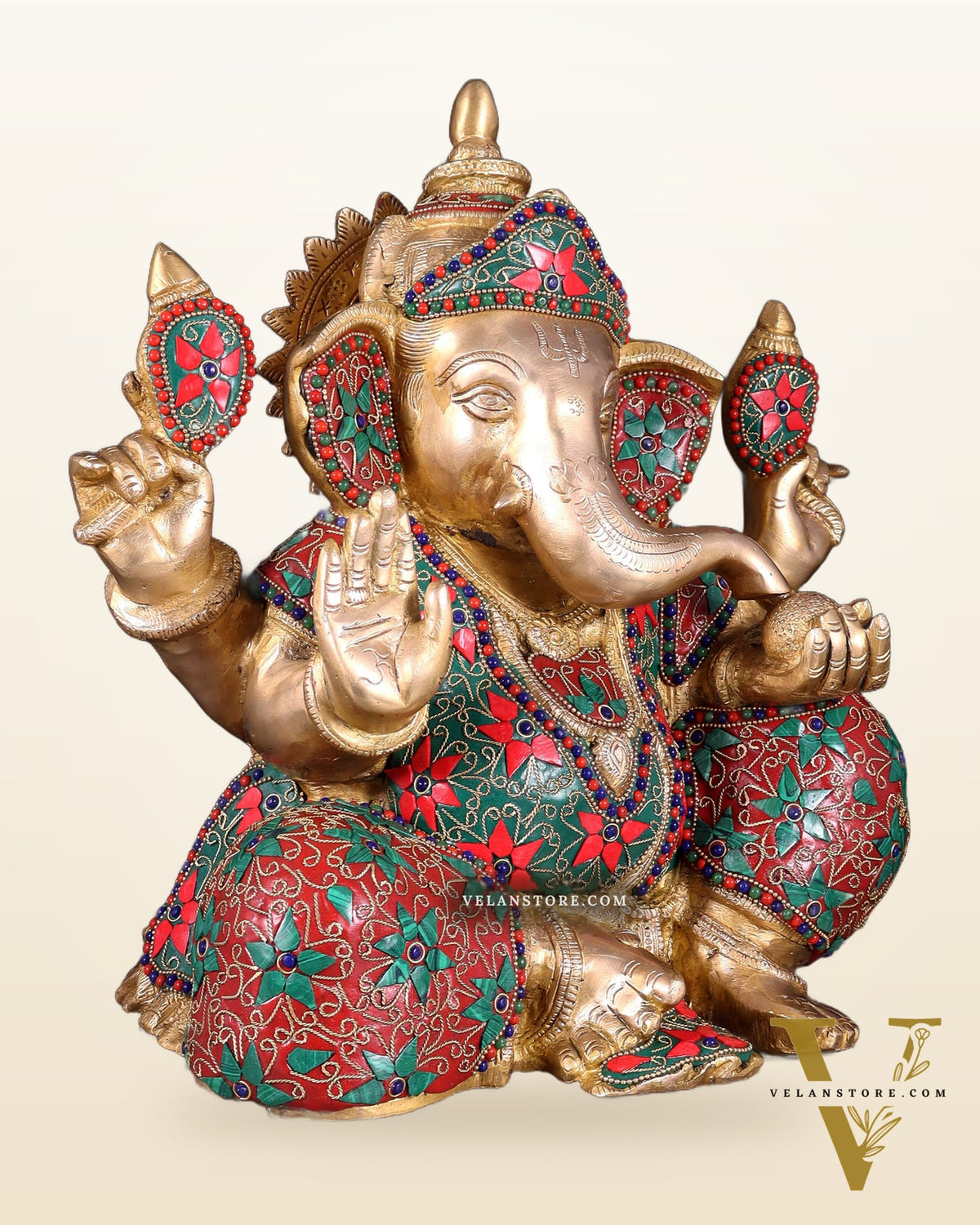 Brass ganesha Chubby Idol floral stonework 13 inch