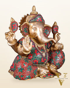 Brass ganesha Chubby Idol floral stonework 13 inch