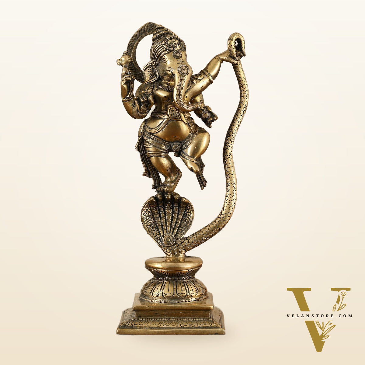 Brass Ganesha Dancing on Vasuki Naag Sculpture – 11.5 Inch