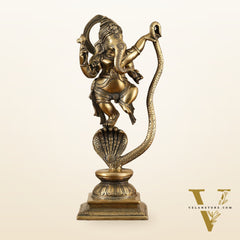 Brass Ganesha Dancing on Vasuki Naag Sculpture – 11.5 Inch