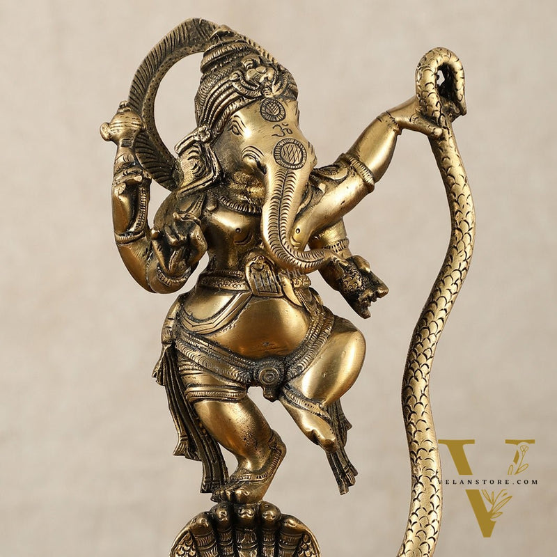 Brass Ganesha Dancing on Vasuki Naag Sculpture – 11.5 Inch