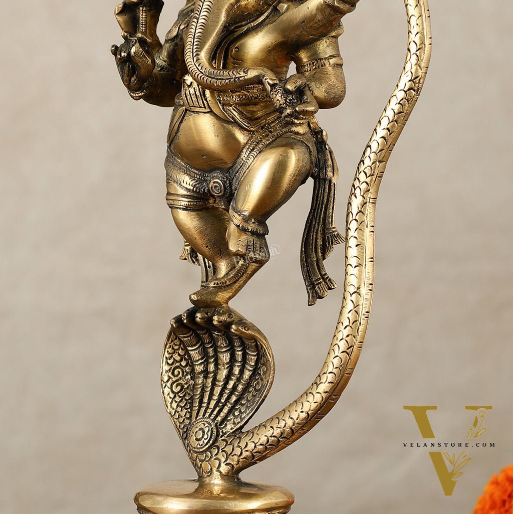Brass Ganesha Dancing on Vasuki Naag Sculpture – 11.5 Inch