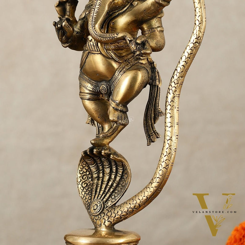 Brass Ganesha Dancing on Vasuki Naag Sculpture – 11.5 Inch