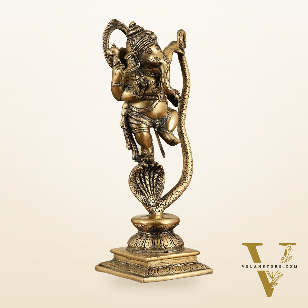 Brass Ganesha Dancing on Vasuki Naag Sculpture – 11.5 Inch